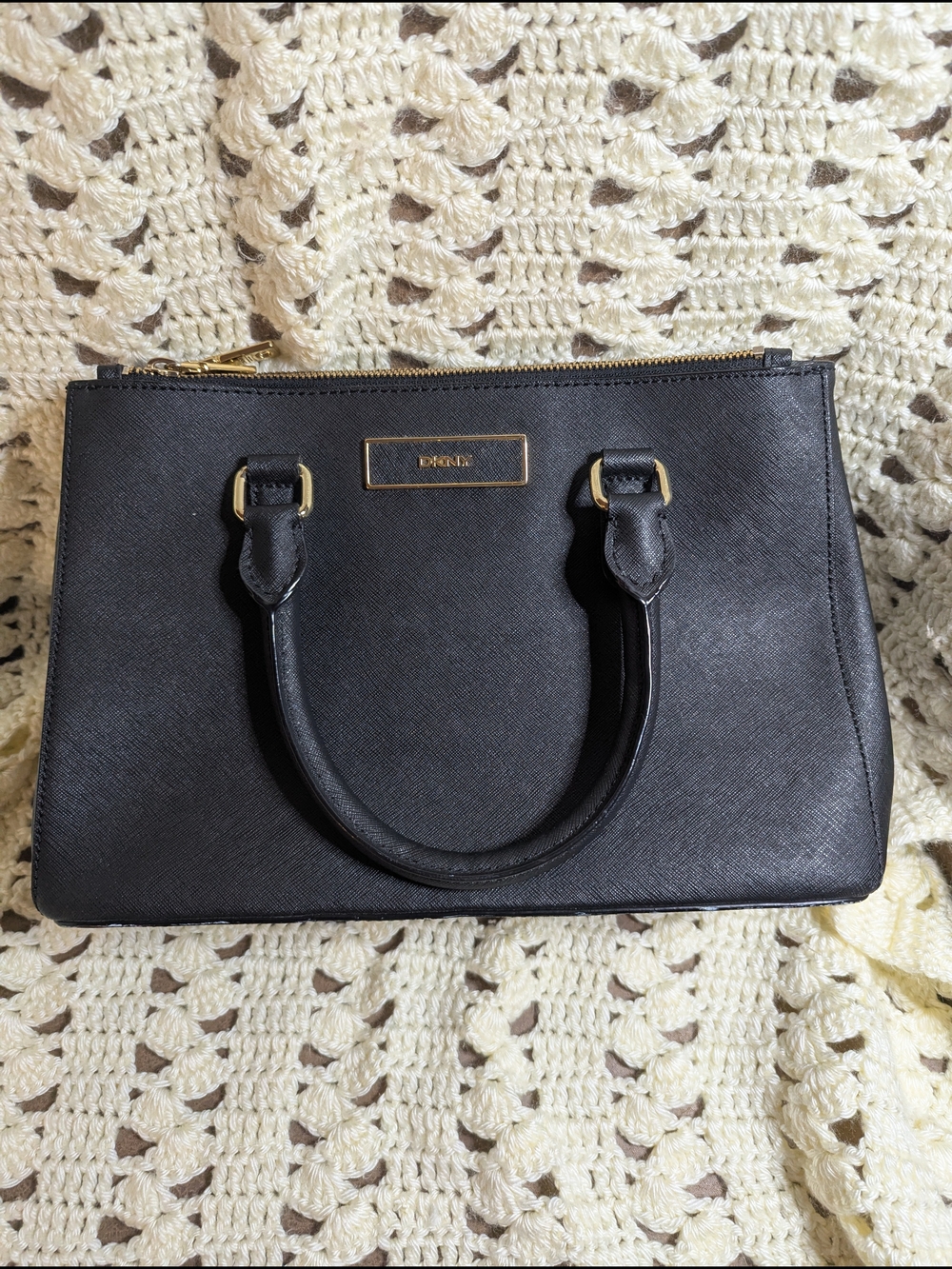 DKNY Black Leather Top-Handle Satchel with Gold Hardware